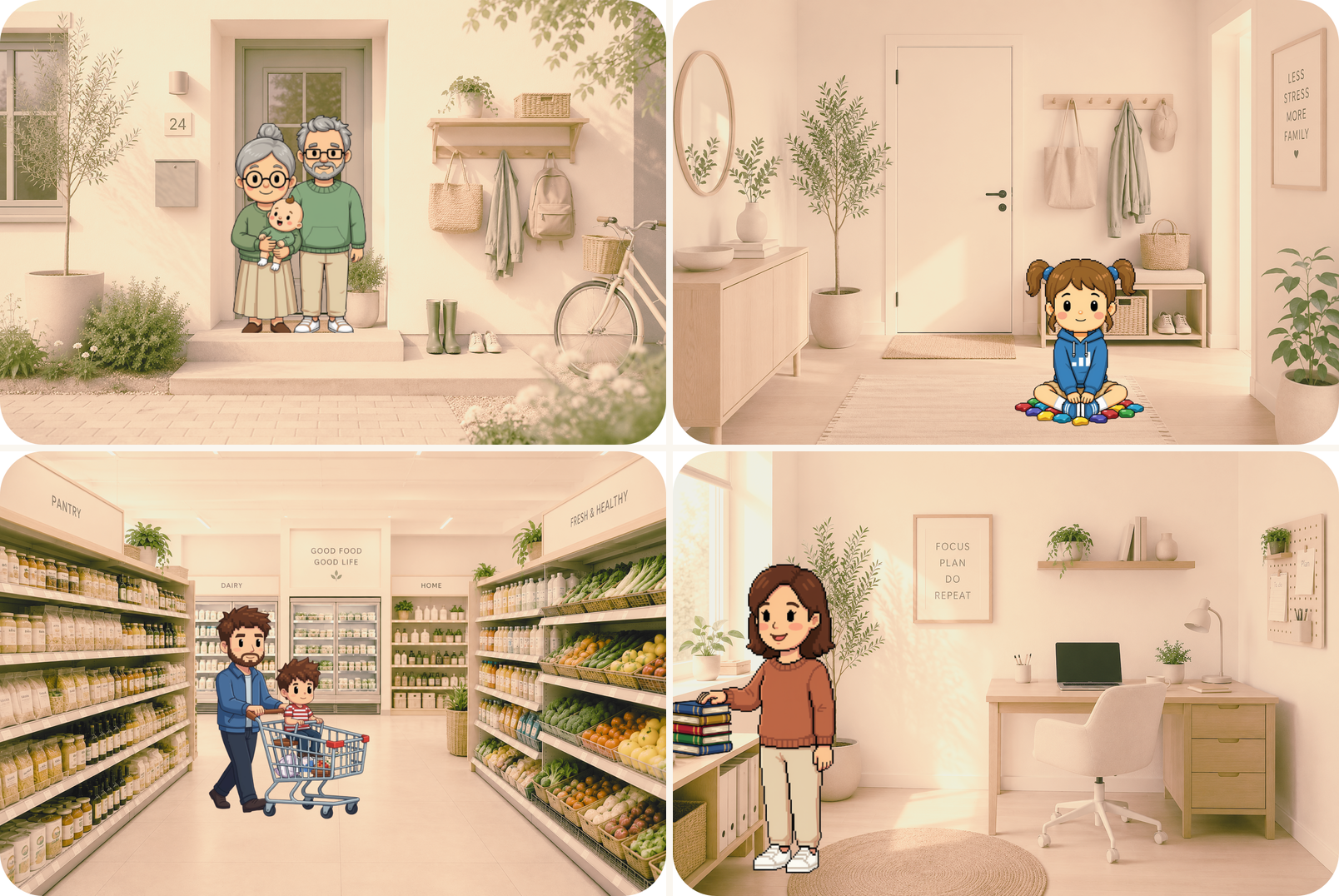 The SYSTEM-WORKS family in a real entryway, hallway, supermarket, and home office