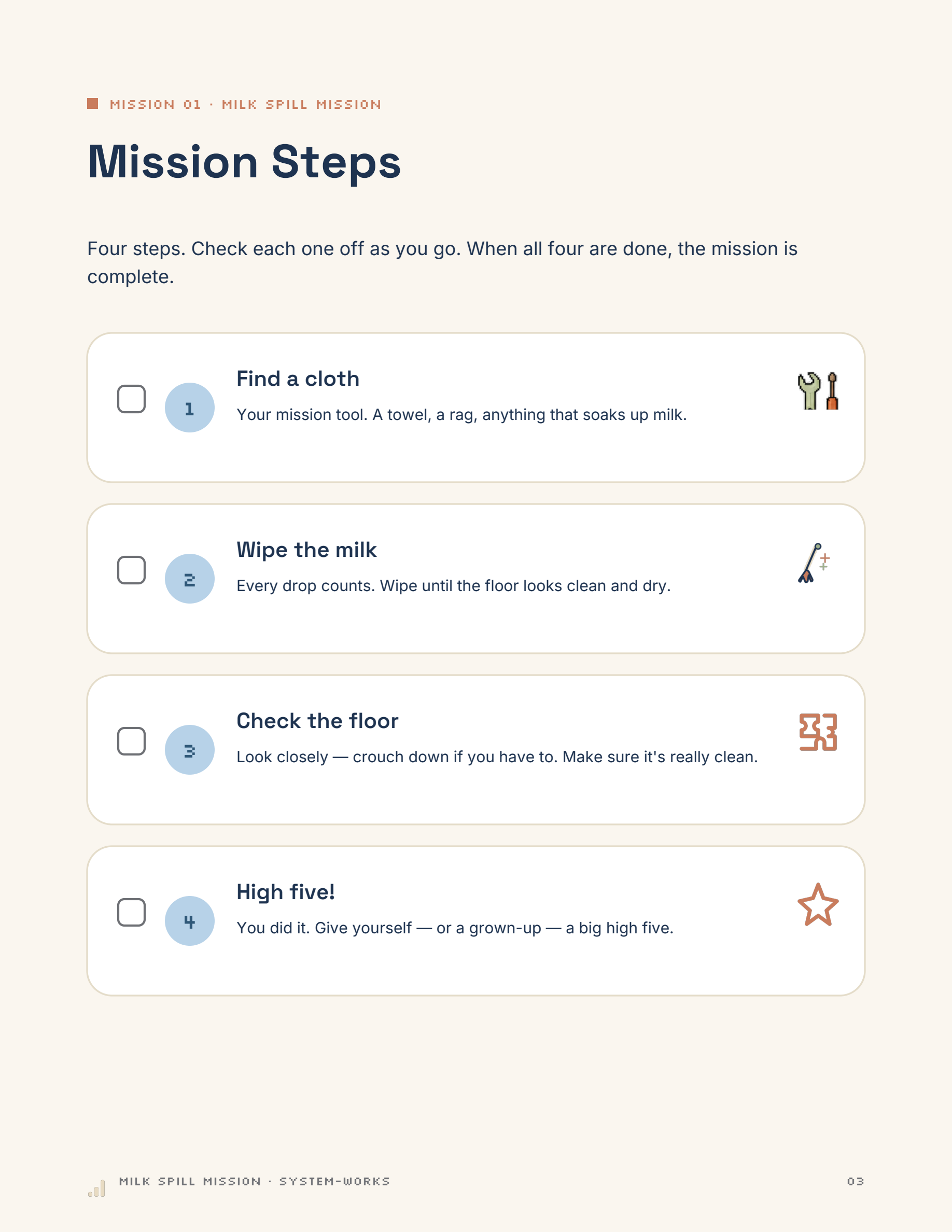 Milk Spill Mission — Mission Steps page preview