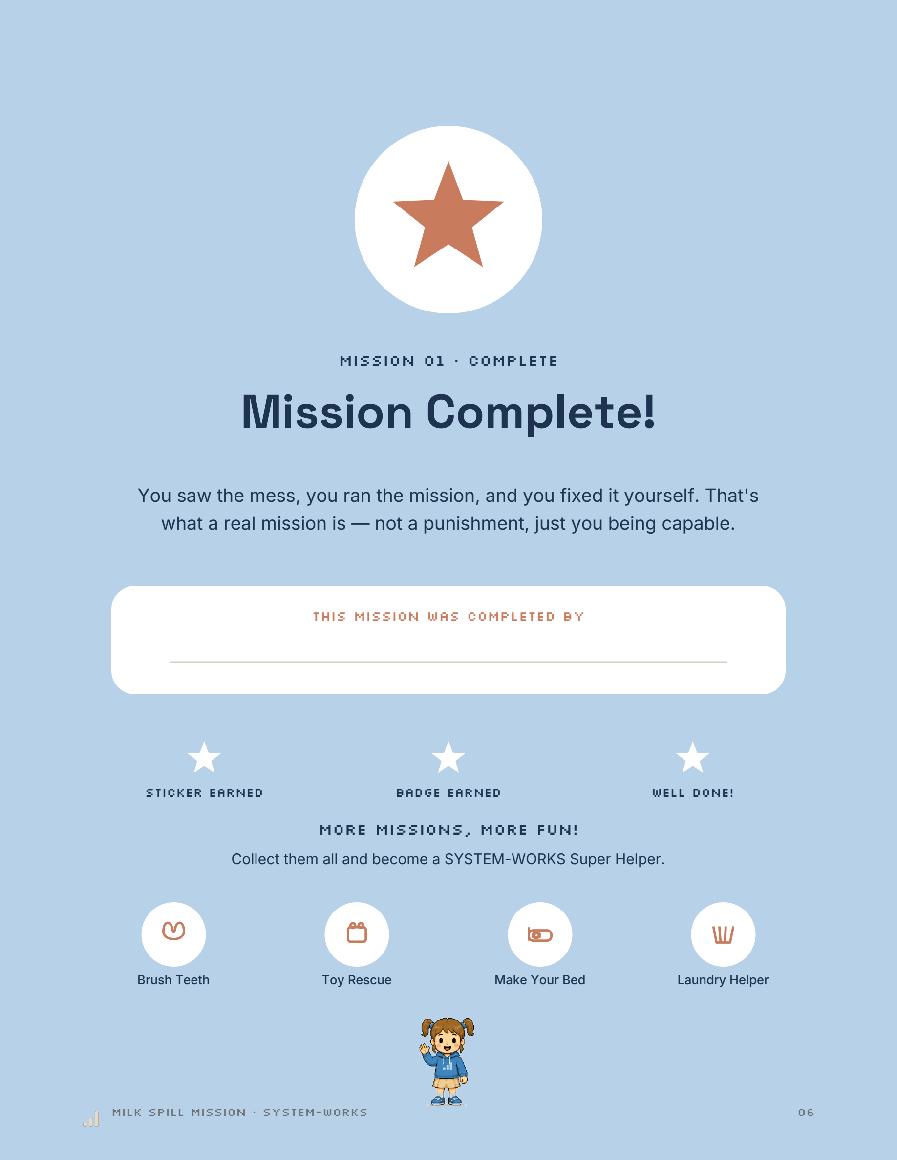 Milk Spill Mission — Mission Complete page preview