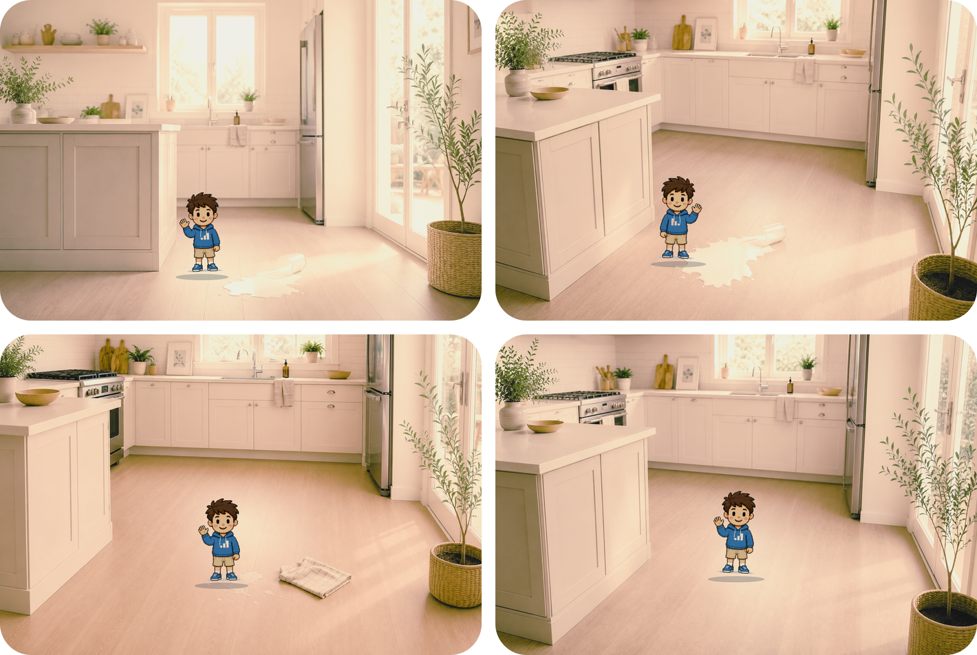 System Kid finding, wiping, and cleaning up a real milk spill in a real kitchen