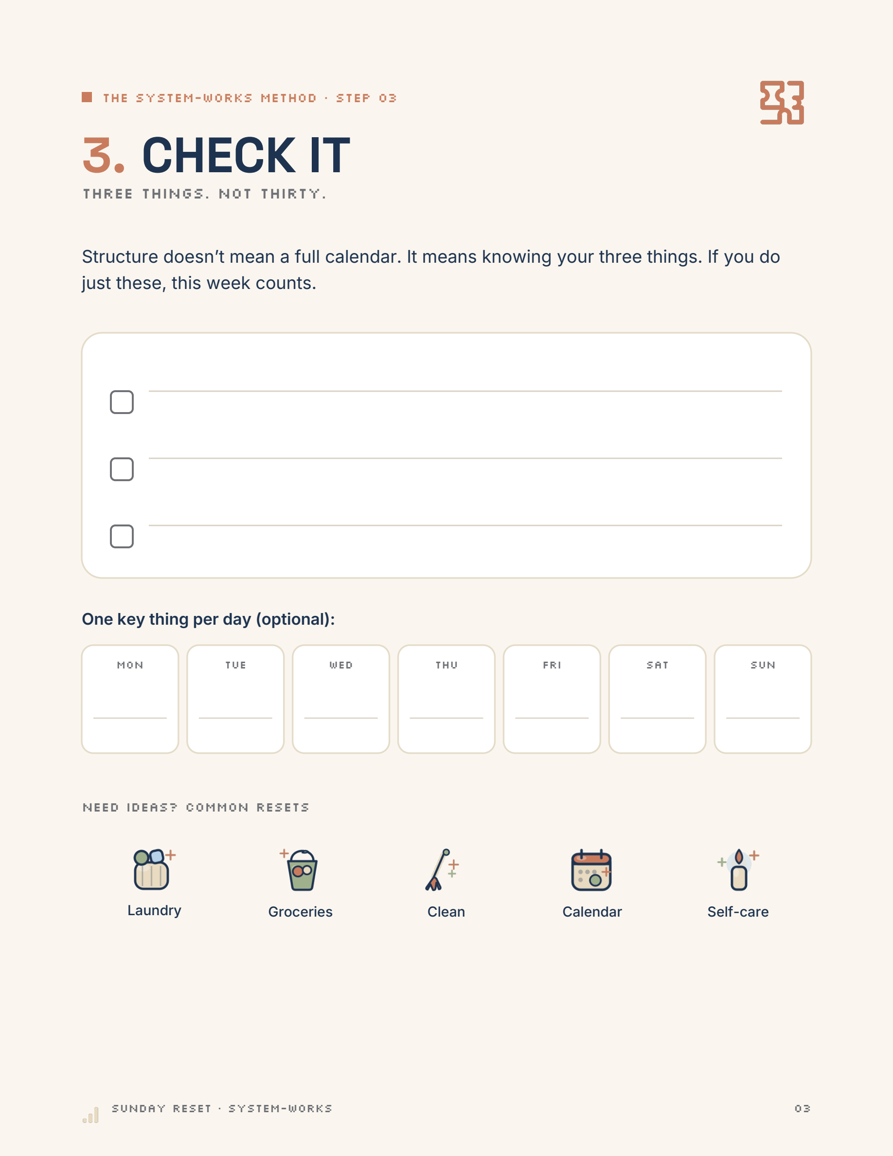 Sunday Reset — Priorities page preview