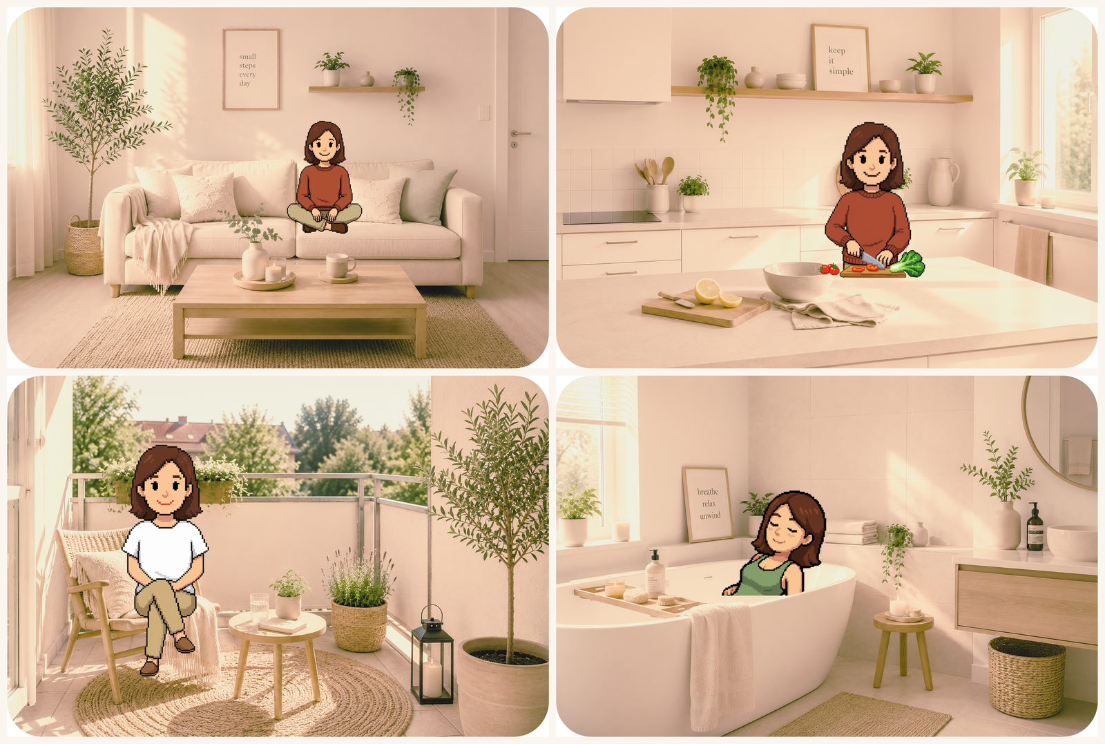 System Mom in a real living room, kitchen, balcony, and bathroom, part of the Sunday Reset loop